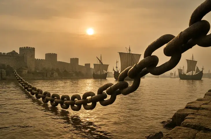 Haliç girişini kapatan dev Bizans zincirinin gün doğumu manzarasında, arka planda demirlemiş gemilerle birlikte görüldüğü tarihsel canlandırma.